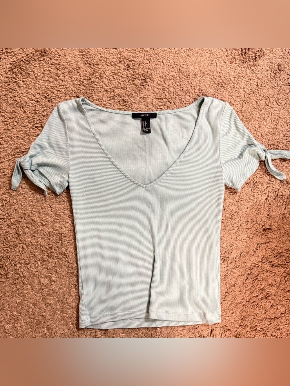 Forever 21 Light Blue Ribbed V-Neck Tie-Sleeve Top Size Small New Condition